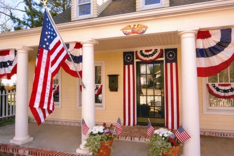 Patriotic Bunting Porch, Bunting Flags American Porch, 4th Of July Bunting On House, Patriotic House Exterior, Patriotic Bunting On House, Flag Bunting On House, American Flag Bunting Porch, Flag Bunting On Porch, Flag On House