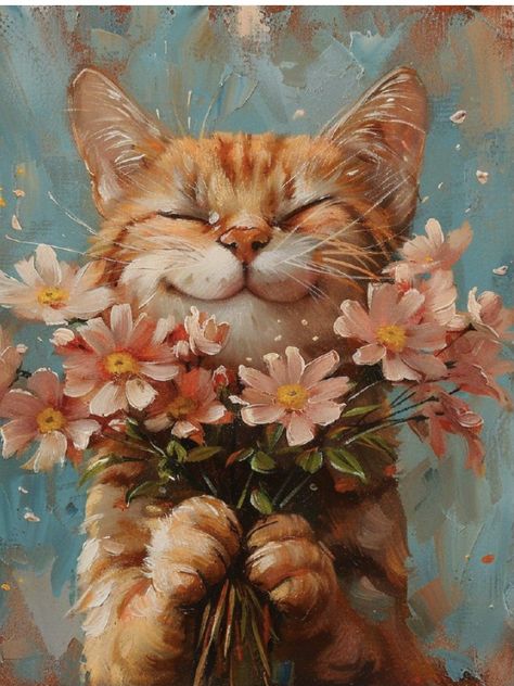 Cat Holding Flowers, Cute Donkey Drawing Art, Cat Oil Painting Wallpaper, Kitten Acrylic Painting, Cat In Nature Painting, Kitten Painting, Cat With Flowers Painting, Cats And Flowers Wallpaper, Cats And Flowers Painting