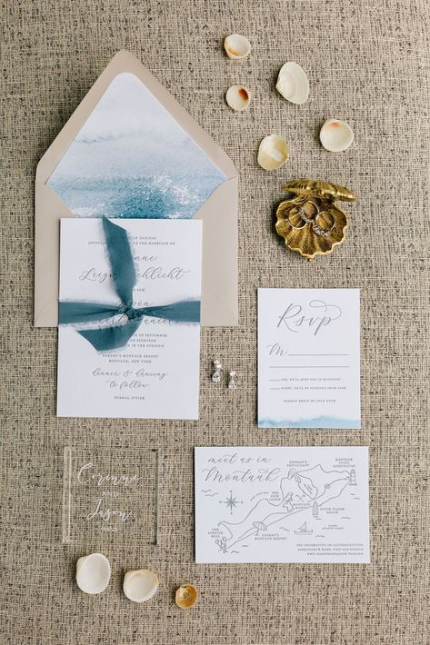 Nautical Beach-Inspired Wedding Invitations with Calligraphy Coastal Wedding Invitations, Montauk Wedding, Wood Wedding Arches, Romantic Beach Wedding, Beach Theme Wedding Invitations, Wedding Color Combos, Dream Wedding Decorations, Beach Wedding Inspiration, Wedding Color Inspiration