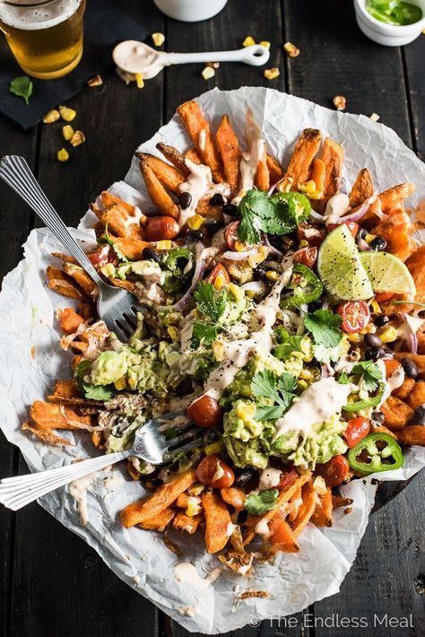 Mexican Fries, Mexican Nachos, Super Bowl Game, Nacho Fries, Crispy Sweet Potato Fries, Chipotle Crema, Party List, Bowl Game, Potato Fries