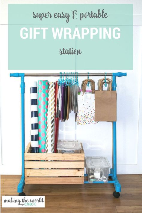 Make this super easy and portable gift wrapping station! Organize all of your wrapping paper, gift bags, tissue paper, scissors, tape and more in one easy place so that you can easily wrap the perfect gift at a moments notice! Then just roll the whole thing into the closet or corner for next time! #fun365 #funsquad #orientaltrading #makingtheworldcuter Diy Storage Solutions, Gift Wrapping Station, Wrapping Paper Storage, Wrapping Station, Cheap Storage, Diy Furniture Bedroom, Organization Gifts, Storage House, Wrapping Papers