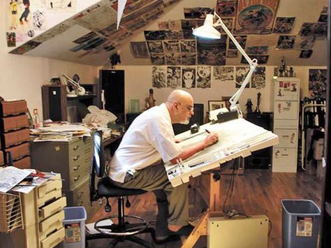 George Perez at work in his Studio Artist Workspace, Art Studio Space, Art Studio Design, George Perez, Artistic Space, Studio Organization, Creative Workspace, Dream Studio, Studio Room