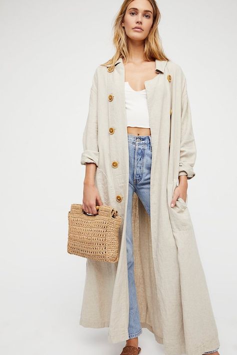 This Lightweight Linen Trench Coat is Perfect for Spring Airport Style Summer, Linen Trench Coat, Sweet Melody, Levi Denim Jacket, Maxi Kimono, Trench Coat Outfit, Coat Outfit, Coat Outfits, Airport Style