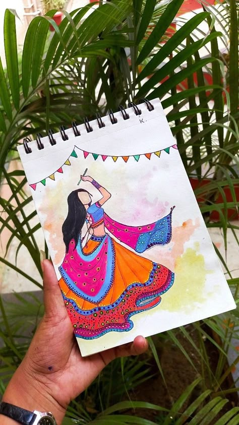 Navratri Drawing Painting, Gujarati Drawing, Garba Drawing Easy, Drawing Ideas For Navratri, Navratri Diy Craft, Drawing On Navratri, Navratri Drawing Ideas Mandala, Navratri Sketch Drawing, Dandiya Painting