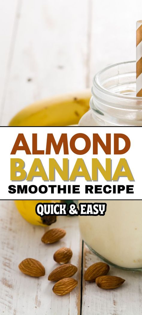 A tall glass of creamy almond banana smoothie topped with fresh banana slices and a sprinkle of crushed almonds, sitting next to a bunch of ripe bananas and a small bowl of almonds on a wooden kitchen counter. Banana Smoothie Recipe Easy, Banana Almond Smoothie, Almond Milk Smoothie Recipes, Fiber Smoothie, Veggie Spring Rolls, Smoothies With Almond Milk, Banana Smoothie Recipe, Cinnamon Banana, Quick And Easy Breakfast