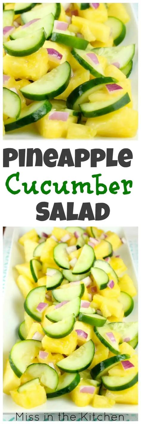 This Pineapple Cucumber Salad is a refreshing side that goes with any dinner! It's super simple with just 6 ingredients that you can put together in less than 10 minutes making it a great for summer! Pineapple Cucumber Salad, Pineapple Cucumber, Pineapple Salad, Resep Salad, Pineapple Recipes, Fresh Pineapple, Cucumber Recipes, Summer Fresh, Summer Salad