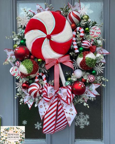 Homemade From Home 🏠 on Instagram: "Candy peppermint wreath 🍭 This stunning wreath measures approximately 60cm one off bespoke design ready for dispatch https://homemadefromhome.com #candy #candypeppermint #peppermint #christmasdoorwreath #christmas #christmasdecor #christmaswreath" Candy Themed Christmas Wreath, Candy Land Christmas Wreath, Peppermint Candy Crafts, Christmas Candy Wreath, Peppermint Christmas Decorations, Peppermint Wreath, Christmas Wreath Decor, Christmas Peppermint, Christmas Decorations Centerpiece