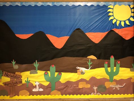 Desert landscape bulletin board Desert Classroom Theme, Desert Classroom, Monumental Vbs 2022, Western Vbs, Monumental Vbs, Desert Habitat, Vbs Decorations, Desert Theme, Vbs Themes