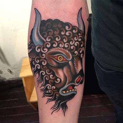 American Traditional Bison Tattoo, Neo Trad Japanese, Bison Tattoo, Buffalo Tattoo, American Traditional Sleeve, Traditional Tattoo Designs, Traditional Sleeve, Explore Tattoo, Traditional Tattoo Design