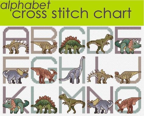 Buy these two charts together and save 20% DINOSAUR ALPHABET: Cross stitch chart of eight dinosaurs: Tyrannasaurus Rex, Stegosaurus, Brontosaurus, Triceratops, centrosaurus, Chialingosaurus, Parasaurolophus and Corythosaurus. Can be worked as a sampler or as individual letters to make up a name or Alphabet Cross Stitch, Dinosaur Alphabet, Sampler Cross Stitch, Cross Stitch Fonts, Cross Stitch Letters, Nature Cross Stitch, Crochet Christmas Decorations, Cross Stitch Funny, Cross Stitch Alphabet