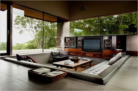 Sunken conversation pit Drop Down Living Room, Conversation Pit, Cozy Living Room Design, Sunken Living Room, Floor Sofa, Built In Seating, Sofa Set Designs, Man Room, Home Cinema