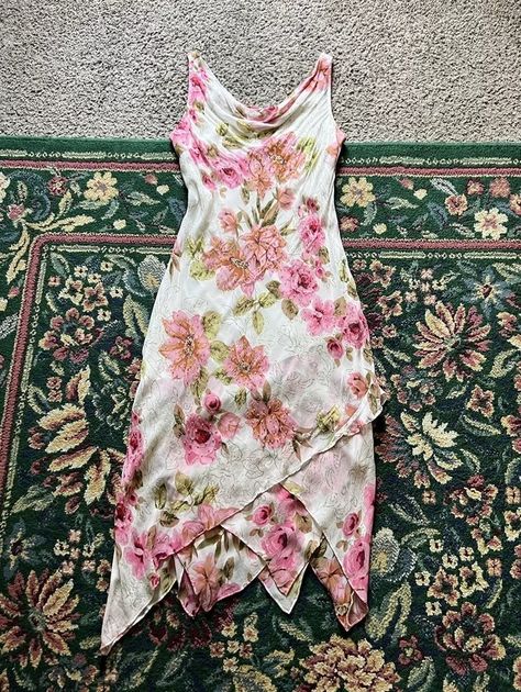 Vintage 90s Y2k Dress Size 8 Floral Pink Fairy Midi Beaded Tank Asymmetric | eBay Dress With Tshirt, Y2k Dresses, Pink Fairy, Y2k Dress, Vintage Floral Dress, 90s Dress, Y2k Outfits, Top Pick, Asymmetrical Dress