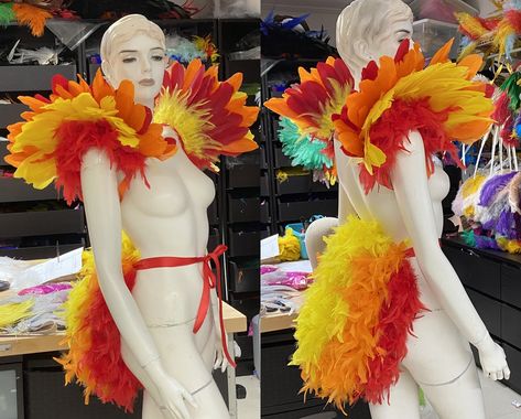 Orange Dress Costume, Phoenix Costume Diy, Fire Costume Diy, Carnivale Costume, Feather Bustle, Phoenix Costume, Cheer Costumes, Fire Costume, Carnival Bra