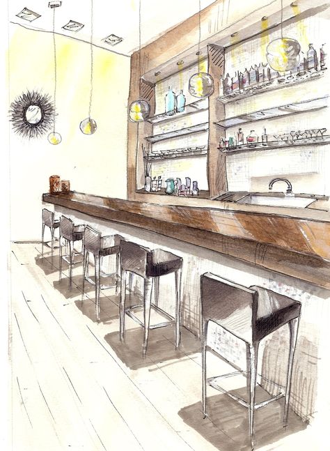 Bar render Interior Architecture Sketch, Rendering Interior, Furniture Design Sketches, Coffee Shop Interior Design, Interior Design Renderings, Interior Architecture Drawing, Drawing Interior, Interior Design Drawings, Bar Interior Design