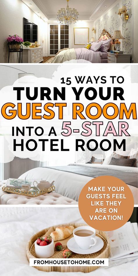 Guest Bedroom Updates: 15 Easy Ways To Make Your Guest Bedroom Feel Like A 5-Star Hotel Hotel Style House Interior Design, Hotel Inspired Bedroom Small Spaces, Small Hotel Room Interior Guest Bedrooms, Guest Room Like A Hotel Room, Small Hotel Rooms Ideas, Hygge Guest Room, Diy Hotel Bedroom Room Ideas, Guest Room Hotel Style, Guest Bedroom Hotel Style