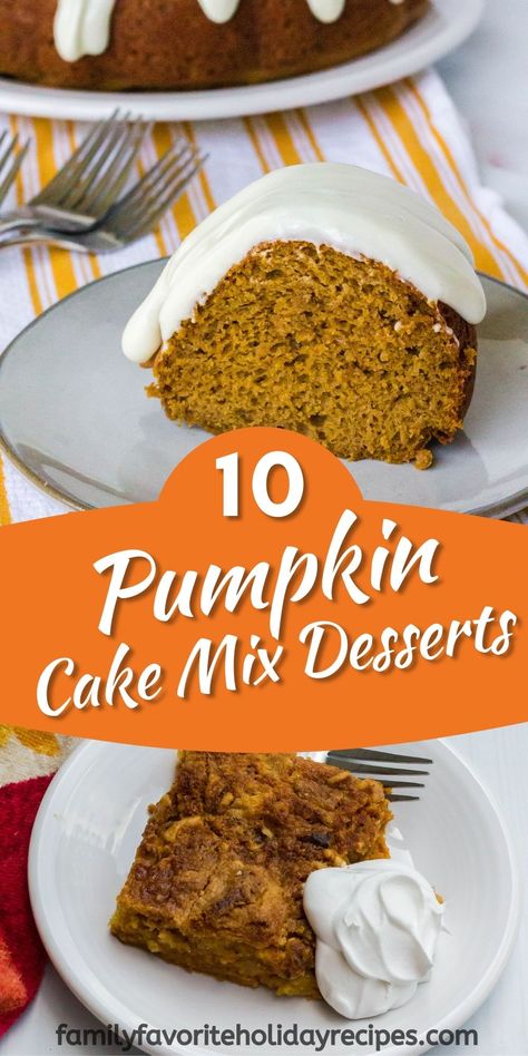 If you need an easy pumpkin dessert this fall, try one of these recipes that uses cake mix! Best Pumpkin Desserts, Pumpkin Cake Mix Muffins, Pumpkin Dessert Recipes, Pumpkin Cake Mix, Pumpkin Cake Easy, Thanksgiving Goodies, Pumpkin Pound Cake, Cake Mix Recipe, Easy Pumpkin Dessert