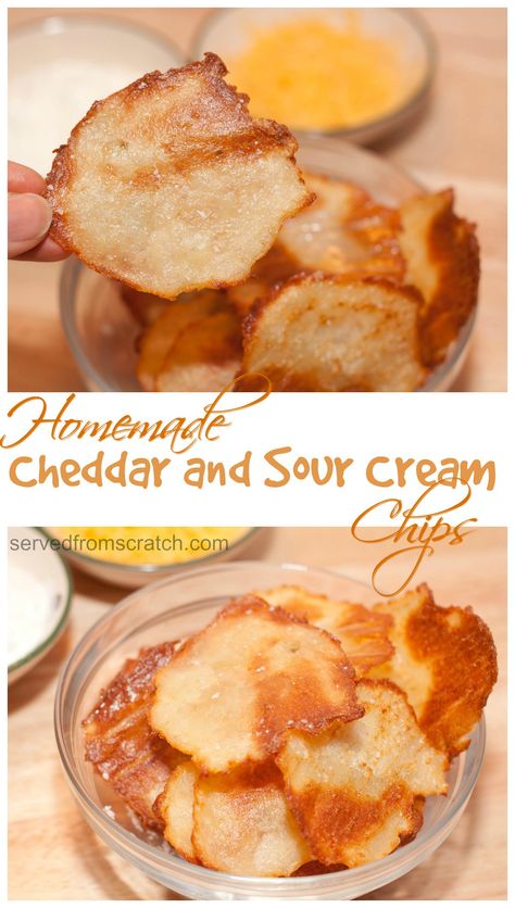 Make it yourself- Cheddar and Sour Cream Chips made from scratch and real ingredients, potatoes, cheddar, and sour cream! Onion Cheddar Chips, Lawson Food, Appetizers Potato, Finger Chips, Sour Cream Chips, Chip Seasoning, Chips Recipes, Sour Cream Potatoes, Potato Chip Recipes