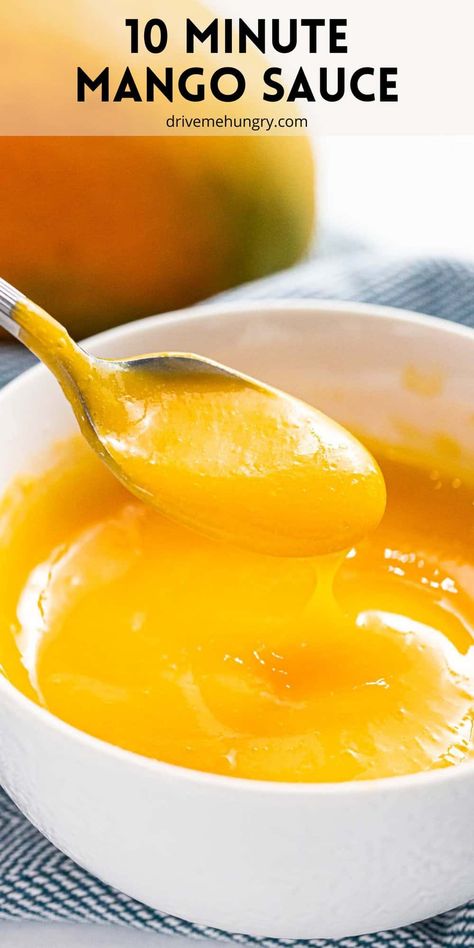 This mango sauce is made of juicy, ripe mangos that highlight its sweet and tangy flavor. Serve this tropical sauce with any dessert or savory dish to add a burst of bright, tropical flavor. Mango Sauce For Pancakes, Sushi Mango Sauce, Mango Sauce Recipes, Mango Sauce Dessert, Mango Sauce For Fish, Mango Glaze Recipe, Mango Dishes, Appetizer Foods, Mandarin Sauce