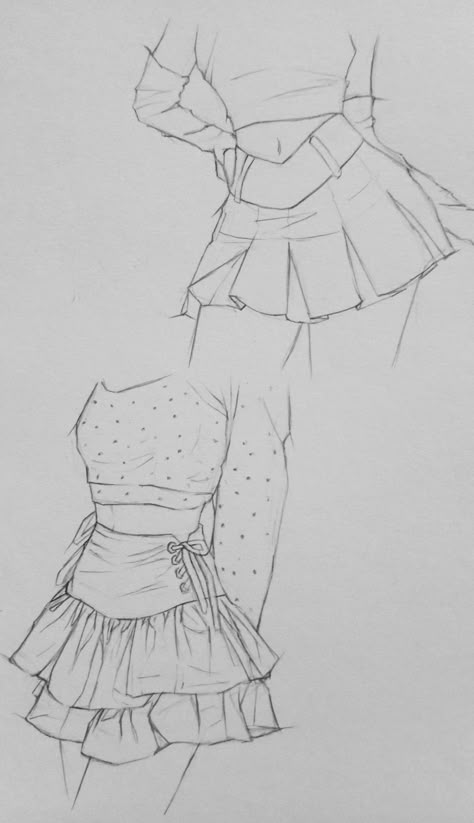 Easy sketch Off The Shoulder Top Drawing, Dress Top Designs Drawings, Fashion Inspo Sketch, Shirt Sketch Drawing, Sketches Clothing, Draw Outfits, Drawing Skirt, Clothes Design Drawing, Woman Draw