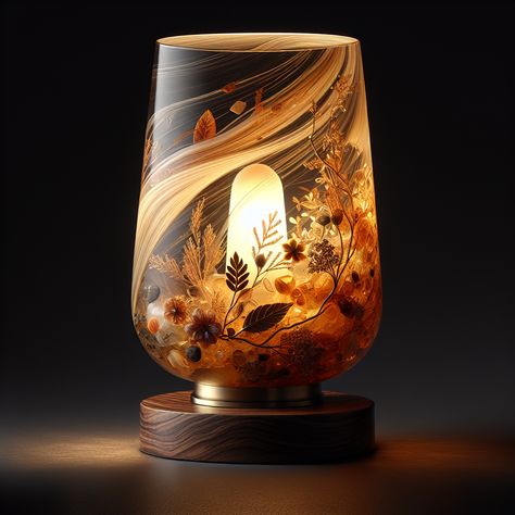 This captivating resin art lamp evokes an elegant, autumnal vibe. Medium-sized with detailed resin patterns, it diffuses a warm amber glow. Embedded treasures, such as dried flowers, leaves and gold leaf flakes, can be found within the resin. The base is dark, polished wood, radiating sophistication. #resinart #lamp #homedecor #autumnvibes #oldschoolcharm #femaledecor Autumn Resin Art, Amber Lights, Charm School, Art Lamp, Wood Polish, Mural Art, Gold Leaf, Fall Vibes, Resin Art