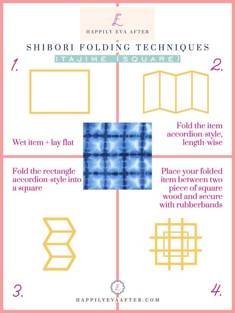 Turns out this technique really isn’t that hard, and you can dye about thirty things in one sitting so you can really Shibori your heart out.  I love that kind of bang for your buck! Plus, the end result looks so good that it’s kind of foolproof.  Today I’m breaking down how to DIY Shibori Tie Dye everything: Shibori Square Pattern, Japanese Tie Dye Shibori Patterns, Itajime Shibori Techniques, Shibori Techniques Diy, Diy Shibori Tutorials, Shibori Techniques Tutorials, Easy Diy Tie Dye, Shibori Tutorial, Diy Shibori