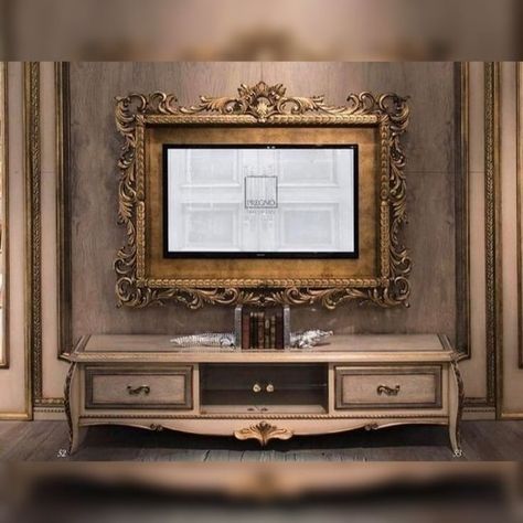 Frame Tv Entertainment Center, Ornate Tv Frame, Royal Tv Unit Design, Bedroom Trends For 2023, Modern Luxury Tv Wall, Frame Around Tv, Tv Wall Entertainment Center, Tv Wall Bedroom, Tv Wall Design Luxury