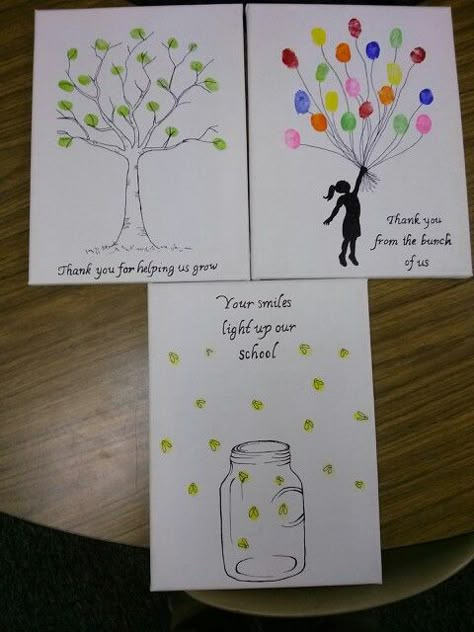 The gifts Mrs. Cudjoes's class made for our office secretaries, principal, and assistant principal. Sharpie, canvases, and stamp pads. Goodbye Teacher, Principal Appreciation Gifts, Goodbye Cards, Principal Appreciation, Fingerprint Art, Student Teacher Gifts, Principal Gifts, Farewell Cards, Goodbye Gifts