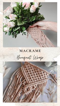 Macrame Wedding Decor Diy, Macrame Wedding Bouquet Wrap, Macrame Bouquet Wrap Diy, Macrame Wedding Gift, Diy Boho Wedding Bouquet, Macrame Bouquet Wrap, Macrame Bouquet, Macrame Wedding Decor, Boho Wedding Gifts