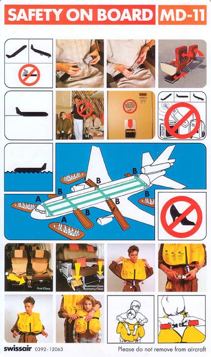 swissair md-11 Flight Safety Poster, Swiss Airlines, Airplane Safety, Flight Instruction, Plane Seats, Evacuation Plan, Emergency Evacuation, Alaska Airlines, Airport Security