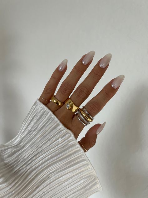 All stacked in water resistant jewelry made to be lived in. Silver And Gold Rings Aesthetic, Mixed Metals Stacked Rings, Gold And Silver Stacked Rings, Styling Rings Multiple, Mixing Silver And Gold Rings, Ring Stack Inspo Gold, Stacked Rings Mixed Metal, Good Ring Stack, Rings Gold And Silver Mixed