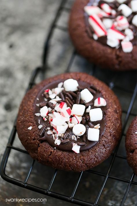 Hot Chocolate Thumbprint Cookies Turtle Thumbprint Cookies Recipe, Chocolate Thumbprint Cookies, Christmas Cookie Recipes Holiday, Easy Holiday Treats, Hot Cocoa Cookies, Whipped Shortbread Cookies, Chocolate Peppermint Cookies, Thumbprint Cookies Recipe, Hot Chocolate Cookies