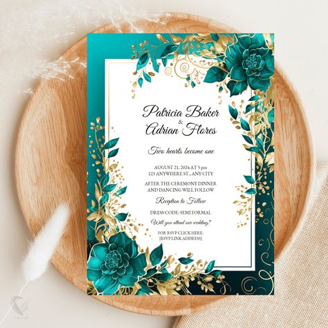 "This wedding invitation template is perfect for couples who want to create their own personalized and printable invitations for their special day. You can easily edit the text, colors, and fonts to match your wedding theme and style. This teal wedding invitation template is designed to fit a standard 5 x 7 inch card size. You can print as many copies as you need at home or at a local print shop. This template is a digital download, so you will receive a PDF file to download the files as soon as you buy it. No physical product will be shipped to you. This wedding invitation template is a simple and elegant way to invite your guests to celebrate your love. Buy it now and start creating your own beautiful invitations. You can easily edit and customize this printable invitation template in Ca Teal Invitations Wedding, Teal And Gold Wedding Invitations, Christian Invitation Card Design, Special Invitation Card Design, Teal Blue Wedding Theme, Simple Wedding Invitation Cards, Electric Blue Highlights, Teal Wedding Theme, Invitation For Wedding