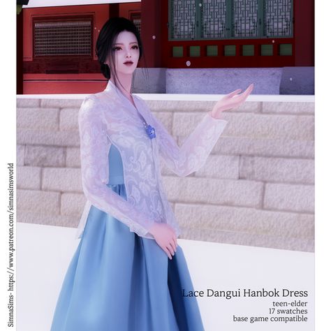 Update - Lace Dangui Hanbok Dress | Patreon Hanbok Cc Sims 4, Sims 4 Traditional Korean Cc, Dangui Hanbok, Sims 4 Hanbok, Sims World, Asian Sims, Male Hanfu, Royal Hair, Ancient Korea