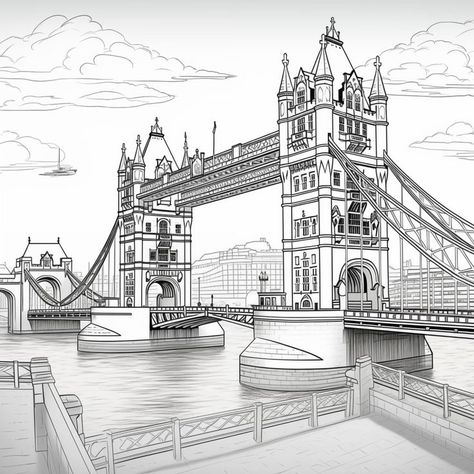 England Illustration, Colouring Page, Line Art Design, Teach Kids, Landscape Drawings, London Bridge, Project Based Learning, Drawing Practice, England Travel