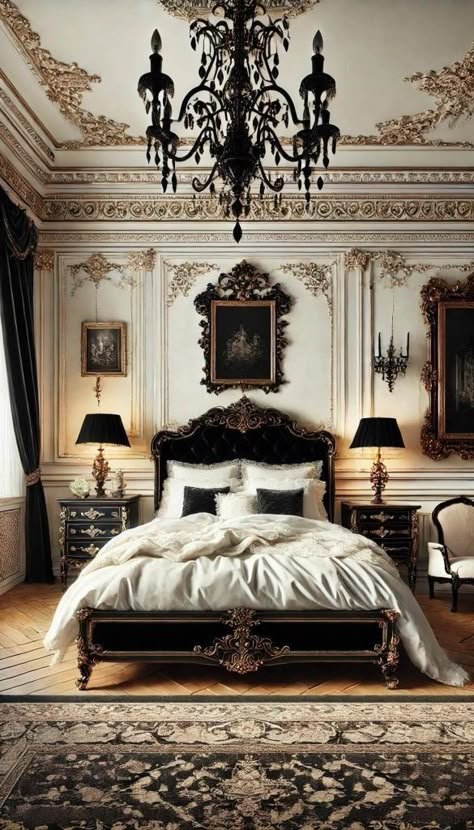 Master Victorian Bedroom Ideas, Victorian Style Bedroom Ideas, White Goth Bedroom, Classical Bedroom Interior, White Gothic Bedroom, Classic Room Ideas, Black Furniture Bedroom Aesthetic, Vs Bedroom, Black And White Bedroom Ideas