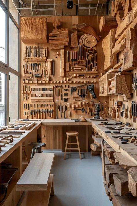 Explore the harmonious blend of Japandi and industrial loft style in our craft rooms. Notice the sturdy wooden work benches and an array of well-organized tools. Each element adds to the room's rustic charm while maintaining a sleek, modern aesthetic. This is the perfect space for nurturing creativity and honing craftsmanship.  #JapandiStyle #CraftRoomInspo #IndustrialLoftDesign #WoodenWorkSpaces Outdoor Woodworking Shop, Modern Workshop Design, Wood Carving Studio, Woodworker Aesthetic, Work Shops Ideas, Wood Workshop Design, Woodwork Aesthetic, Wood Workshop Ideas, Small Workshop Layout