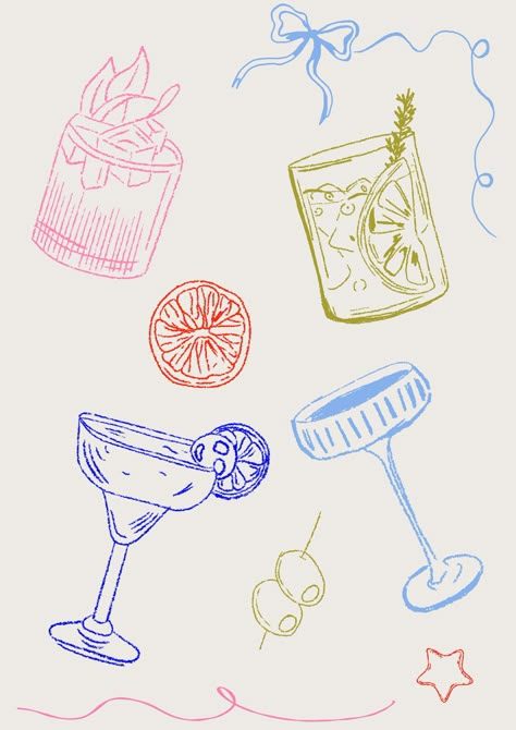 Hand Drawn Cocktail Illustrations Art Print - Etsy UK Diy Drawings For Wall Decor, Cute Cocktails Aesthetic, Cute Aesthetic Illustrations, Cocktail Pattern Illustration, Aesthetic Color Drawings, Cocktail Background Wallpapers, Cocktail Glasses Drawing, Cocktail Wall Prints, Aesthetic Pictures To Print For Room