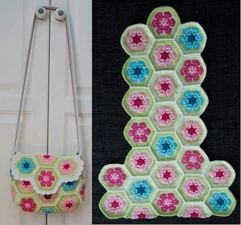 Sac Granny Square, Crochet African Flowers, Hexagon Patchwork, Crochet Boho Bag, Crocheted Bags, Free Crochet Bag, Crochet Pouch, Crochet Hexagon, Crochet Handbags Patterns