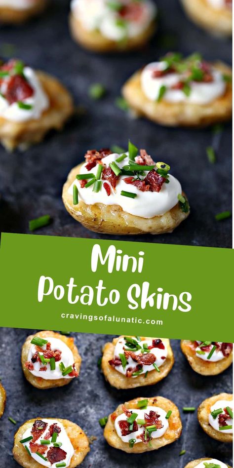 These Mini Potato Skins with Sour Cream, Bacon, and Chives are the perfect way to indulge your taste buds. They are ideal for parties and can be served as a side dish or appetizer. Mini Potato Skins, Potato Skins Appetizer, Tailgate Recipes, Fall Eats, Carnivore Recipes, Awesome Appetizers, Mini Potatoes, Food Innovation, Potato Skin