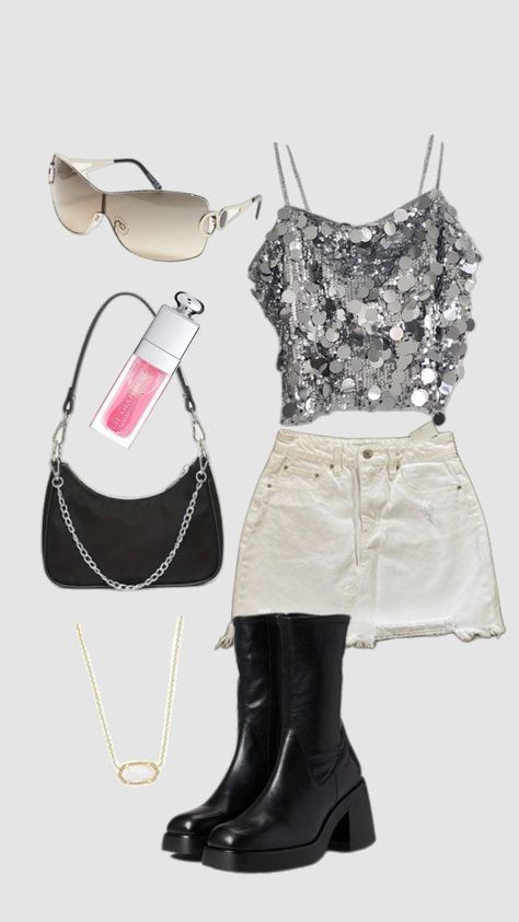 party concert outfit festival fashion inspo house party #fashioninspo #concertoutfit #festivalfashion #festivaloutfit #concertaesthetic White Skirt Denim, Outfits Disco, Denim Top Outfit, Festival Concert Outfit, Concert Outfit Inspo, Outfit Festival, Sunglasses White, Sparkly Top, Cute Sunglasses