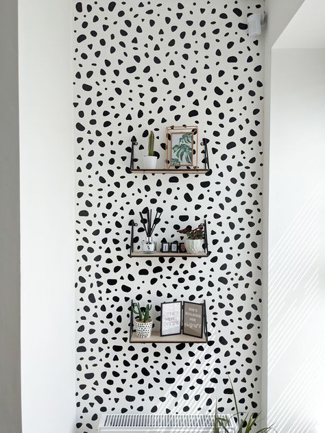 Easy DIY Dalmatian print feature wall. How to create a Pinterest Worthy Dalmatian print feature wall without spending a lot of money. It was super easy to do and really makes the room pop. Here's how I created my dream home office using the dalmatian print to create a feature wall with shelving units and lots of plants and photo frames. #homedecor #dalmatianprint #featurewall #homeoffice #dalmatianprintwall Dalmatian Bedroom, Dalmatian Wallpaper Bedroom, Dalmatian Room, Sage Bathroom, Dalmatian Wallpaper Nursery, Dalmatian Wall, Dalmation Wallpaper Kids Bedroom, Loft Shelf, Dream Home Office