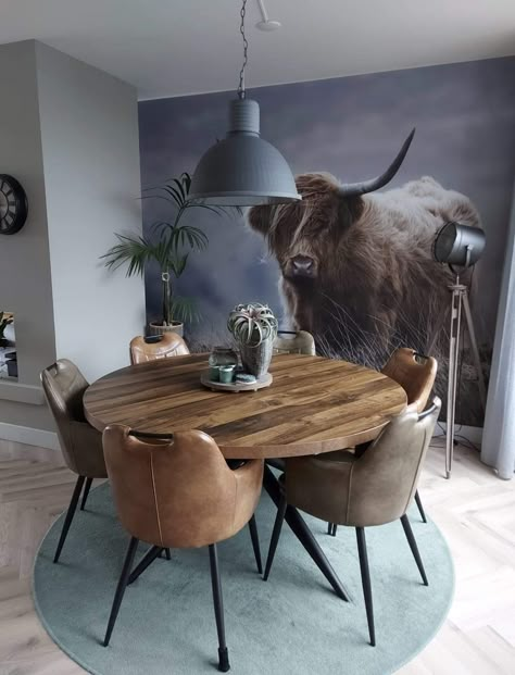 Cow Prints, Irish Dishes, Rustic Farmhouse Living Room, Bedroom Colour Palette, Grey Dining Room, Cow Decor, Grey Dining, Round Tables, A Cow