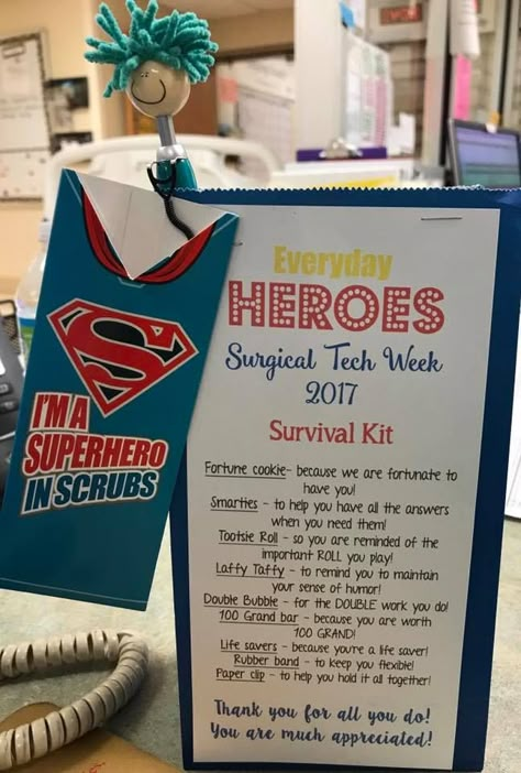 Superhero in Scrubs - Survival Kit (Submitted by Cassandra Thorn Martin.) Superhero Survival Kit, Cst Week Gift Ideas, Surgical Tech Week Gifts, Surgical Tech Gifts Ideas, Surgical Technologist Week Gifts, Surgical Tech Week Ideas, Scrub Tech Week Ideas, Scrub Tech Week Gifts, Surgical Tech Week Gift Ideas