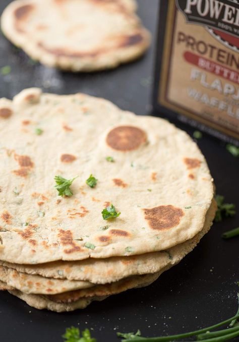 From pita wraps to masala, flatbread tastes great with almost any dinner or lunch. This recipe uses Kodiak Cakes Buttermilk Power Cakes Flapjack and Waffle Mix and takes only 90 minutes to make. Protein Flatbread, Kodiak Recipes, Pita Wraps, Kodiak Cakes Recipe, Breads Recipes, Pancake Mix Recipes, Flatbread Recipe, Protein Baking, Buttermilk Recipes