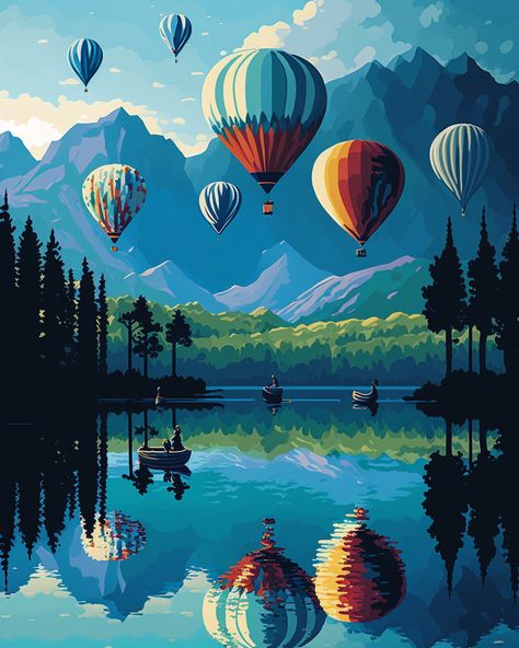 hot-air balloons, lake view reflexion, paint by number, AI Ballon Art Painting, Hot Air Balloon Artwork, Hot Air Ballon Drawings, Hot Air Balloon Acrylic Painting, Hot Air Balloons Painting, Hot Air Balloon Mural, Retro Acrylic Painting, Acrylic Painting Ideas On Canvas Nature, Georgia Gothic