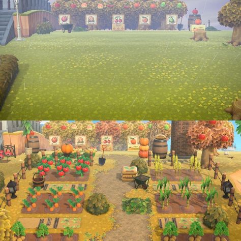 Acnh Island Farm Ideas, Acnh Crops Farm Design, Acnh Island Designs Garden, Acnh Community Garden Ideas, Acnh Farm Inspiration, Farm Theme Animal Crossing, Acnh Crop Design, Farm Design Acnh, Animal Crossing Farm Layout