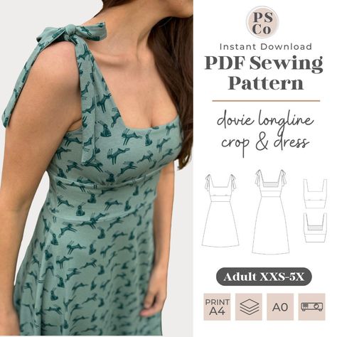 Adult Delsie Dress & Separates PDF Sewing Pattern, Sizes Adult XXS to 5X **This listing is for a DIGITAL DOWNLOAD of a PDF SEWING PATTERN. No physical items will be mailed to you. Pattern help and support is available at the Petite Stitchery & Co Fan Group on Facebook** The Dovie Longline Crop & Dress is simple, yet stylish design that can be dressed either up or down. Dovie features a square neckline with optional faux ties for the shoulders. You can choose from a longline crop length or add an a-line skirt for a knee or midi length dress! Dovie would be the perfect dress for your date night plans or the perfect sundress for the spring and summer! Options & Features Include: -Square Front & Back Neckline -Gathered Bodice Detail -Cup Sizes A-G/H for up to a +5" FBA -Faux Shoulder Ties -Lon Simple Night Dress Pattern, Plus Size Top Sewing Pattern, Womens Dress Patterns Sewing, Tie Shoulder Dress Pattern, A Line Dress Sewing Pattern, A-line Skirt, Simple Summer Dress Pattern, Night Dress Pattern, Sewing Pattern Crop Top