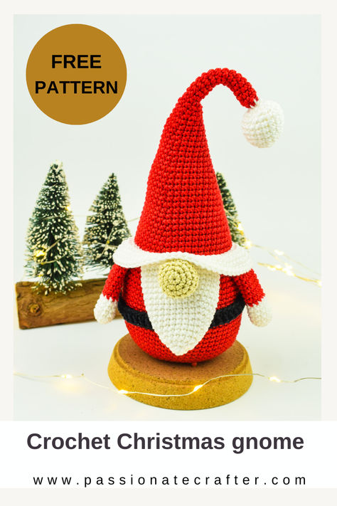 Crochet gnome with Santa outfits. It has a red Santa hat with white pom pom. The gnome is wearing a red Santa costume with belt. It has a long white beard! Crochet Santa Gnome Free Pattern, Crochet Santa Gnome, Holiday Crochet Patterns Free, Gnome Calendar, Passionate Crafter, Crochet Gnomes Pattern Free, Christmas Hugs, Crochet Lanyard, Amigurumi Santa