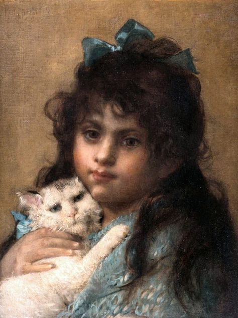 Girl with a Cat, Leon Jean Bazille Perrault William Bouguereau, National Cat Day, Kitty Love, Great Cat, Arte Inspo, A4 Poster, Cat Painting, Vintage Artwork, Retro Poster