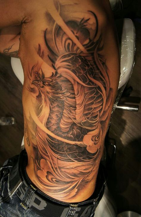 Phoenix Rib Tattoo Men, Full Rib Tattoo Men, Japanese Rib Tattoo Men, Japanese Rib Tattoo, Japanese Stomach Tattoo, Tattoo Ribs Men, Side Stomach Tattoos For Guys, Men Rib Tattoo, Yokai Tattoo